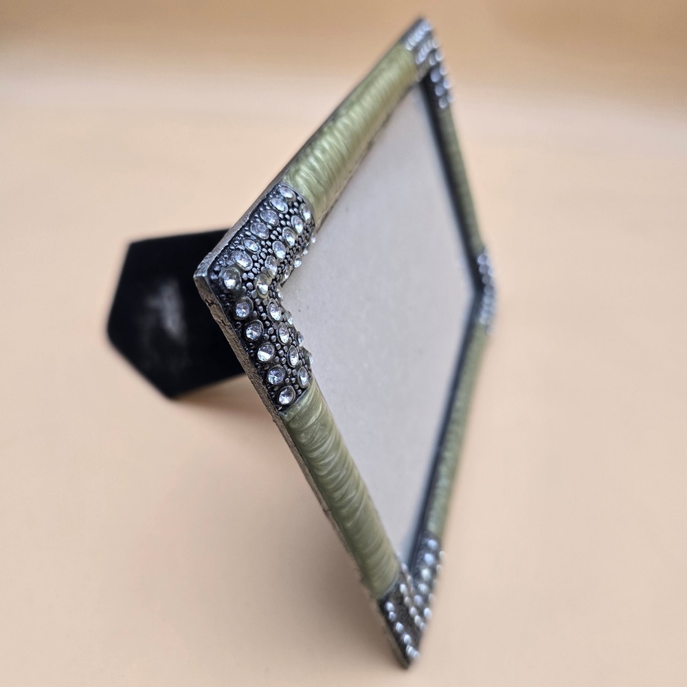 Sage Green Enamel and Rhinestone Picture Frame Vintage Style 4x6 Tabletop Decor - Picture 5 of 16